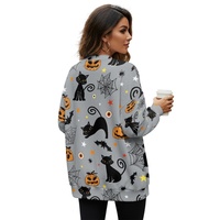 Cardigan long classique en maille respirante 100 % polyester pour femme, imprimé chat noir, citrouille, chauve-souris, toile d'araignée, col en V, collection automne Halloween
