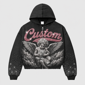 Sweat à capuche noir en strass, coupe courte, entièrement zippé, avec motif ange, manches cloutées, coupe ample et épaisse, style streetwear, vente en gros, personnalisable pour homme - Product Image 1