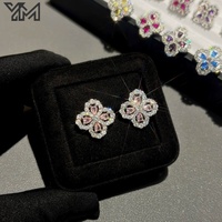 Boucles d'oreilles clous trèfle à quatre feuilles plaqué or et argent, émail noir, halo de zircon cubique, pour femme, bijoux quotidiens