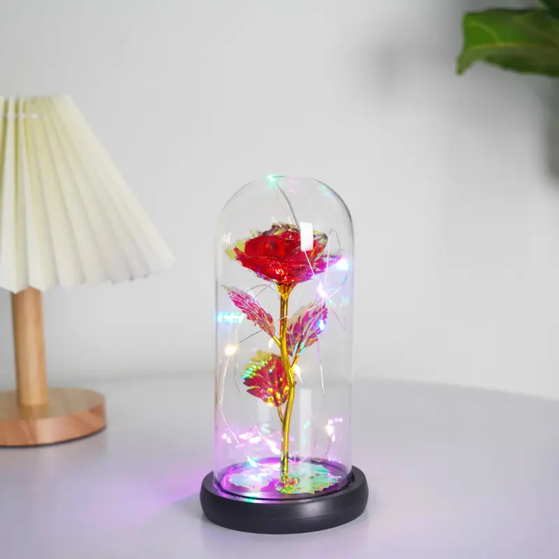 Großhandel künstliche Rosen blumen LED Light Beauty hochwertige 24K Rose Glass Dome als Weihnachts geschenke