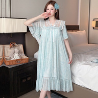 Pyjama d'été pour femmes, robe de nuit longue en dentelle florale avec nœud et résille, style princesse, vêtements de maison, peut être portée à l'extérieur