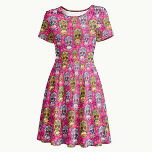 Robe pour <span class=keywords><strong>femme</strong></span> à imprimé Calavera mexicain, style A-line, avec deux poches latérales, manches courtes, motif floral, pour le Jour des Morts - Product Image 2