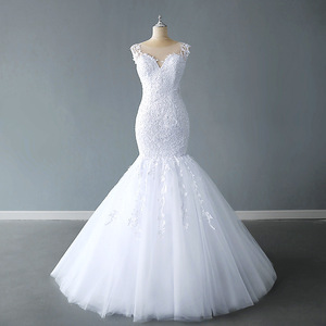 Bridal <b>Lace</b> Floral Wedding Dress V-neck Mermaid Silhouette <b>White</b> Polyester Fiber Dress - Product Image 1