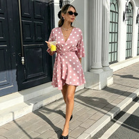 Robe d'été vintage pour femme 2026, style transfrontalier, à pois, jupe évasée, col en V, amincissante, taille haute, en polyester