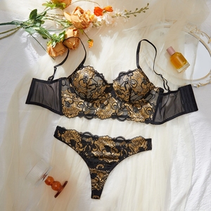 Nuovo Set <span class=keywords><strong>Reggiseno</strong></span> in Pizzo Nero e <span class=keywords><strong>Oro</strong></span> per Donna, Lingerie Sexy di Lusso Push-Up, Comoda con Spalline Regolabili, Leggera e Traspirante, ODM XL Intimo - Product Image 1