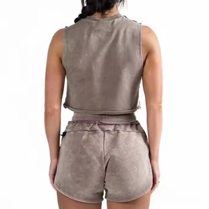 Custom Logo Short <b>Sets</b> Women Wholesale Sleeveless Crop Top <b>Sets</b> Women Elastic Waist Short Cotton Acid Washed Faded Short <b>Sets</b> - Product Image 3