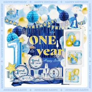 Decoraciones para el Primer Cumpleaños de Bebé, 144 Piezas, para 24 Personas, con el Número 1 Platos, Servilletas, Vasos de 9oz y Cubiertos Color Azul Náutico - Product Image 5