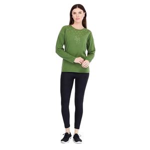 Camiseta de manga larga de algodón verde al por mayor de alta calidad para mujer con estampado de hoja frontal Camiseta de algodón informal de tacto suave para mujer - Product Image 4