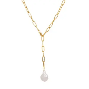 Gemnel unique jewelry stainless steel gold plating paperclip chain natural pearl adjustable lariat necklace