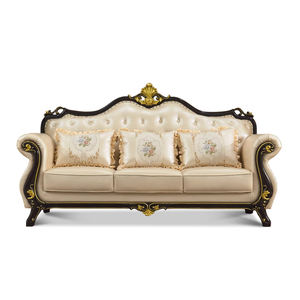 Europese Stijl Echt Lederen Bank 123 Set, Grote Driezitter Met Ebbenhout Massief Houtsnijwerk - Product Image 1