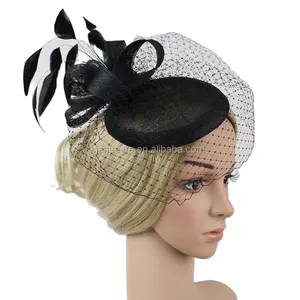 Phụ Nữ Làm Bằng Tay Thời Trang Lông Mạng Che Mặt Sinamay Cơ Sở Fascinator Hat Kentucky Derby Hat Với Mạng Che Mặt Cho Phụ Nữ