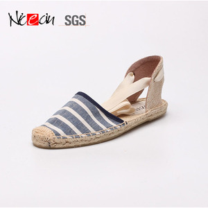Nouveau d'été <span class=keywords><strong>à</strong></span> <span class=keywords><strong>lacets</strong></span> flats talon compensé toile lin rayé sandales chaussures pour femmes <span class=keywords><strong>espadrilles</strong></span> femme - Product Image 4