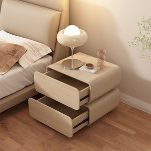 Mesa de Noche de Madera Maciza Color Crema con Cajón de Almacenamiento, Diseño Moderno y Minimalista para Dormitorio - Product Image 1