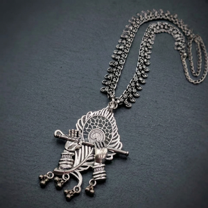 Brass <b>Silver</b> Look Necklace <b>Silver</b> Oxidized Necklace <b>Choker</b> With Shree Krishn Murari Peacock Feather Pendant <b>Silver</b> Necklace - Product Image 3