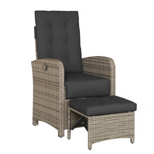 Chaise de patio inclinable en polyrotin gris avec repose-pieds, mobilier de jardin extérieur, style contemporain - Product Image 1