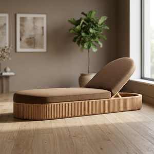 Chaise longue ovale en teck massif avec panneau à rainures, lit de jour inclinable pour patio - Product Image 3