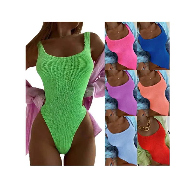 Custom Special Fabric Crinkle Candy Color One Piece Swimsuit Ladies bathing suit Fluorescent Crinkle Swimwear Bikini