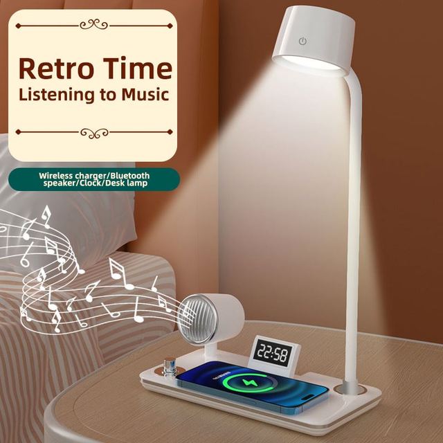 Multifunctional 4in1 Fast Charging 15W Wireless Charger 5W Speaker Digital Alarm Clock Lighting Desk Lamp with Temperature
