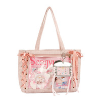 Sac fourre-tout Ita en laine douce avec grande fenêtre transparente, décoré de rubans, sac à bandoulière pour l'affichage de badges et épingles