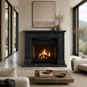 Chimenea tradicional de mármol con tallado ornamentado, de mármol negro Marquina, para interiores, con estufa de leña para comedor. - Product Image 6