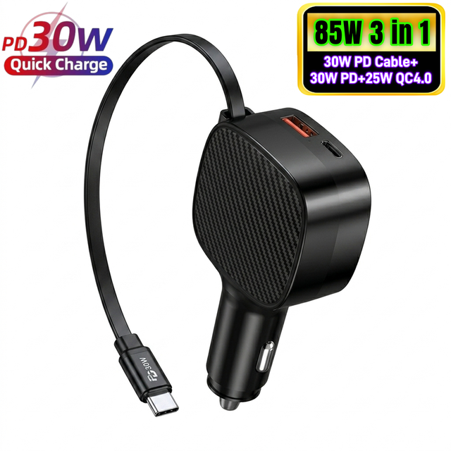 85W USB-C 30w PD Fast Car Charger with Retractable Cable, 12V 24V 3 in 1 PD QC3.0 Quick Charging Car Cigarette Adapter