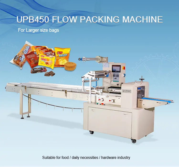Máquina de embalagem automática UPB-600 para sacos grandes, hambúrguer, pão, pizza, panqueca, máquina de embalagem com tela sensível ao toque giratória