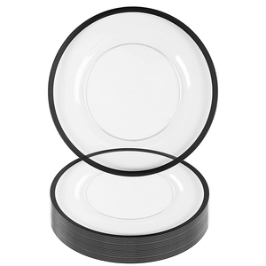BST Durable Heavy Weight glass Charger Service Plates disposable acrylic plastic charger plate black rim and clear