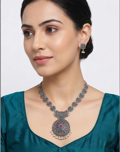DIVYORO Elaborate Oxidized Long <b>Necklace</b> Set with Pink and Green Stones Designer <b>Statement</b> <b>Necklace</b> Set with Earrings - Product Image 6