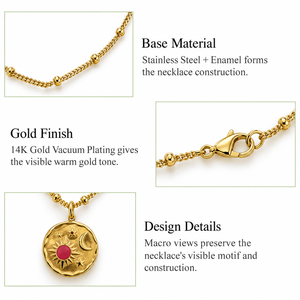 Collier pendentif pièce de monnaie en acier inoxydable émaillé, plaqué or 14K sous vide, chaîne texturée, détails rose et rouge - Product Image 2