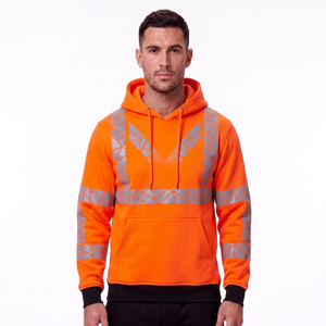 custom reflective safety hoodie men neon orange geometric pattern tape <b>fleece</b> pullover hooded sweatshirt warm winter road top - Product Image 1