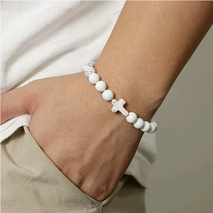 Bracelet Chrétien Homme en Pierres <span class=keywords><strong>Semi</strong></span>-Précieuses Extensibles 8MM, Perles Turquoise, avec Croix - Vente en Gros à Prix Abordable - Product Image 3