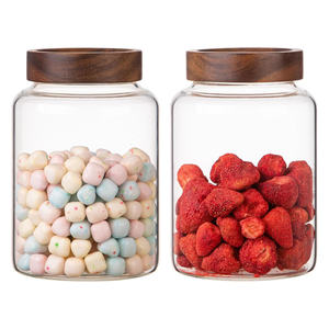 Pot de rangement pour épices en verre borosilicate à large ouverture et grande capacité avec couvercle en bois fileté pour le stockage des aliments - Product Image 1