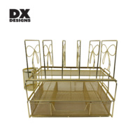 DX Designs Organisateur de bureau en maille métallique dorée Porte-documents multifonctionnel avec tiroir et porte-stylo