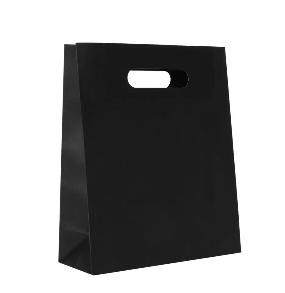 Tas Kertas Ramah Lingkungan Kustom dengan Pegangan Die Cut Kemasan Belanja Butik Tas Hadiah Bawa Pulang Hitam dengan Logo