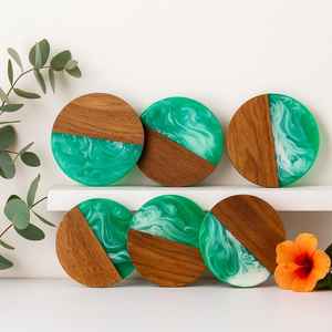Stylish Natural Resin Wooden Coaster Set For Living Room Kitchen Dining Or Office <b>Desk</b> Protecting Surfaces From Heat Moisture - Product Image 5