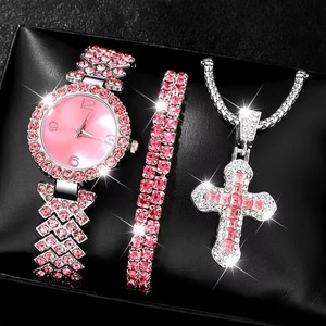 Ensemble de 3 montres roses pour femmes 2025 avec collier croix et strass, montre-bracelet tendance pour femme, ensemble décontracté de montres et bracelets pour dames - Product Image 1
