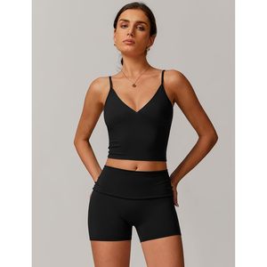 Conjunto Deportivo de Dos Piezas, Top Corto con Cuello en V y Pantalones Cortos de Cintura Alta para Mujer, Ropa de Gimnasio y Yoga, Talla M, Spandex y Poliéster - Product Image 3