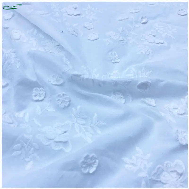 Tecidos bordados 3D voile 100% algodão floral branco de alta qualidade personalizados para roupas