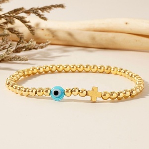 Bracelets perlés étanches plaqués or 18 carats en acier inoxydable, avec croix en pierre de gallstone noire et yeux bleus, faits main, empilables, tendance, unisexe, mode - Product Image 4