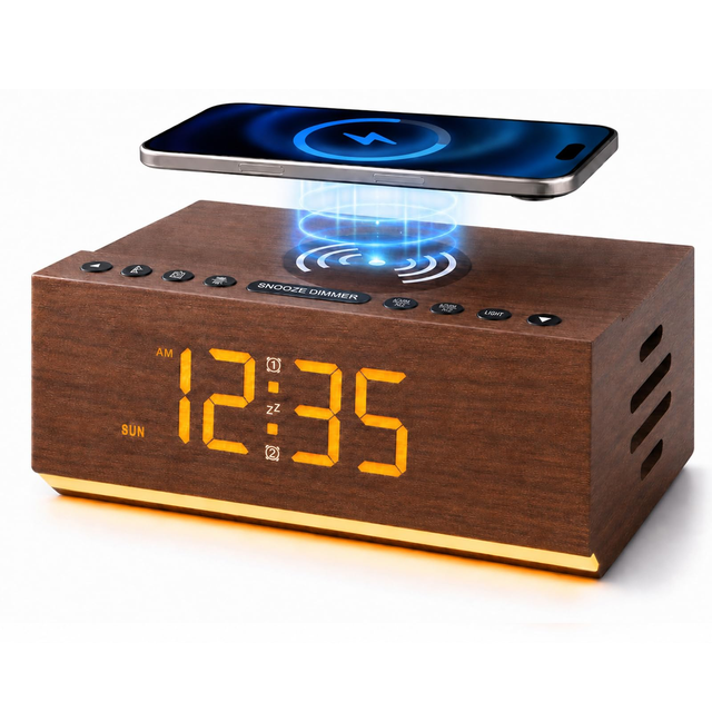 Household Bedside Corporate Gift Desk Table Potable Electronic Smart Bluetooth Speaker FM Radio LED Wood Digit Alarm Clock Kids