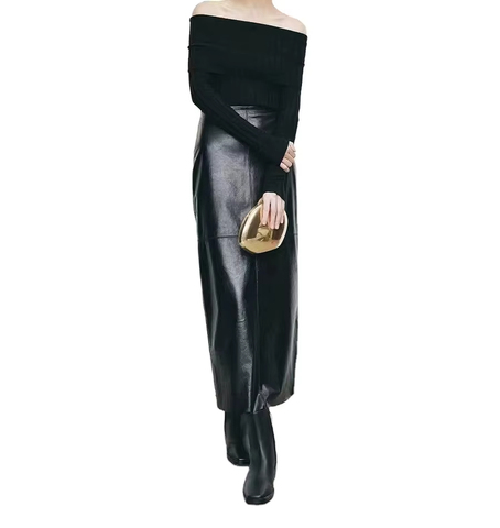 3406 Wholesale Fashion Genuine Sheepskin Leather Skirt Mature Woman High Waist Sexy Black Leather Skirt for Women