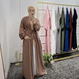 이슬람 패션 레이스 업 카디건 2022 여름 오픈 Abaya 두바이 우아한 포켓 드레스 이슬람 드레스 여성