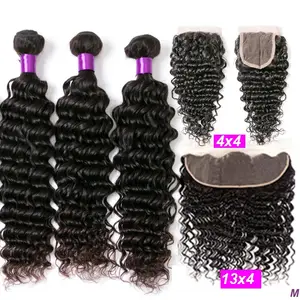 Water Curly Wave Bundles Set Hair Extensions Brazilian Human Hair Bundles Closure and Frontal Straight Hair Bundle With Closure