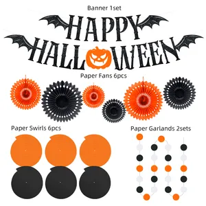 UMISS eco-friendly 15pcs Happy Halloween Festival decorazioni per feste, tra cui Paper Bat Banner Tissue Fans Swirls Garland