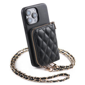 Étui portefeuille bandoulière matelassé en cuir PU de luxe avec motif losanges, pour téléphone universel, porte-cartes zippé et chaîne de lanière - Product Image 1