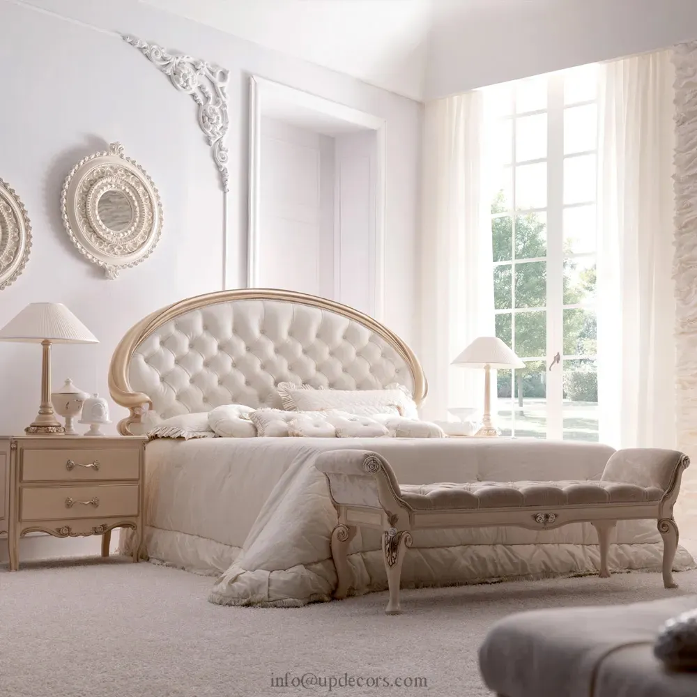 Di alta qualità intagliato in legno mobili camera da letto di lusso moderno scolpito panca letto di Velluto lungo Ottoman letti in legno massello