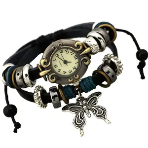2022 Vintage Fashion Braided Leather Ladies Watches With Bracelets Butterfly Pendant Wrist Watches for Girls