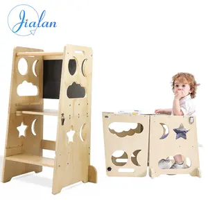 Kids Step Stool Standing Folding Learning Tower With Adjustable Wooden Kitchen Helper Tower For Toddlers Learning With Toys