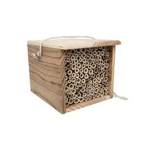 Custom Logo Design Eco-Friendly High Quality Rectangle Soild Wood Cedar Wood Bee Box Wooden Cube Bee House With Bamboo Tubes