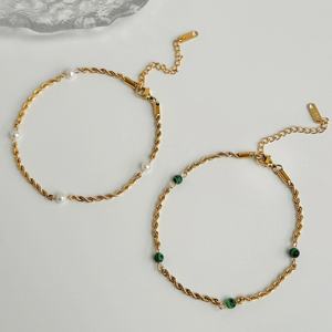 2024 Dazan nuovi in oro placcato 18k in acciaio inossidabile naturale perla <span class=keywords><strong>Malachite</strong></span> torsione catena cavigliera gioielli fatti a mano - Product Image 2